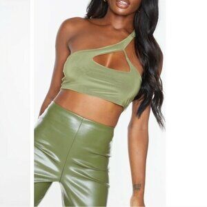 PrettyLittleThing Crop Top 12 Sage Green Slinky One Shoulder Cutout Stretchy